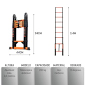 Escada aço carbono telescópica dupla EspaçoFix 8 degraus 3,40 m